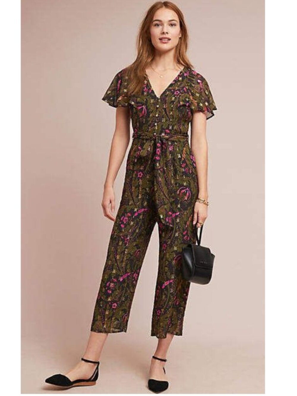 Anthropologie Ett Twa Brenda Jumpsuit Green Gold Floral Flutter Sleeve Womens 0